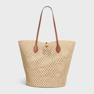 Bucket Triomphe Beads-mand van raffia en kalfsleer