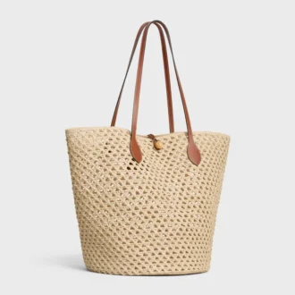 Bucket Triomphe Beads-mand van raffia en kalfsleer