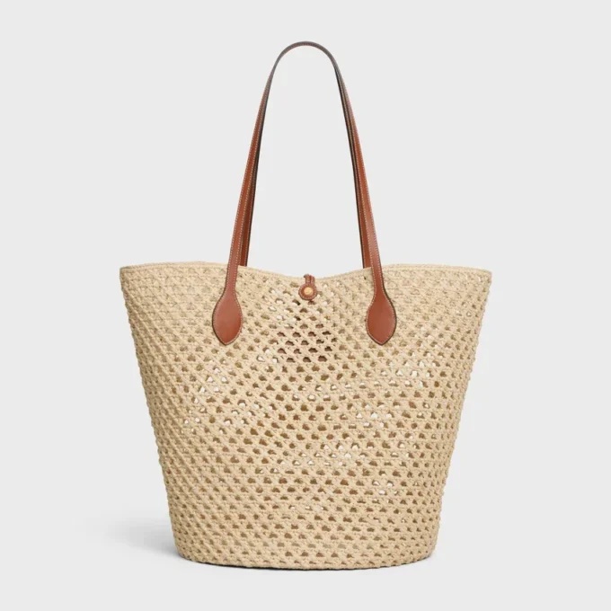 Bucket Triomphe Beads-mand van raffia en kalfsleer