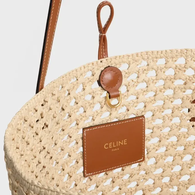 Bucket Triomphe Beads-mand van raffia en kalfsleer