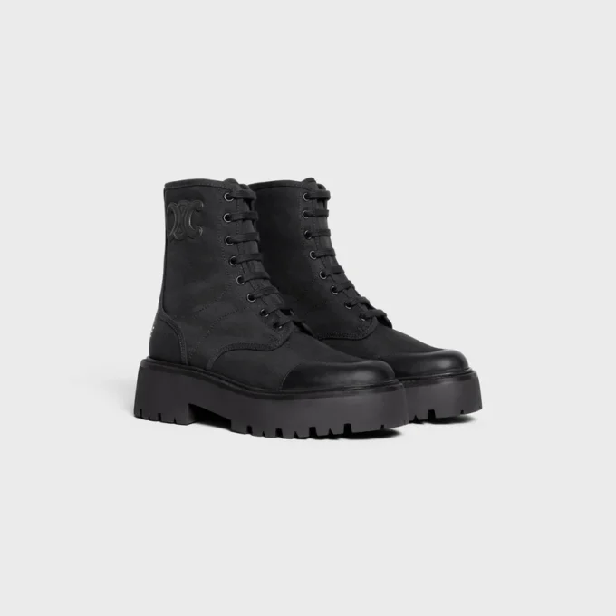 CELINE dikke veterlaars van nylon en glanzend stierenleer