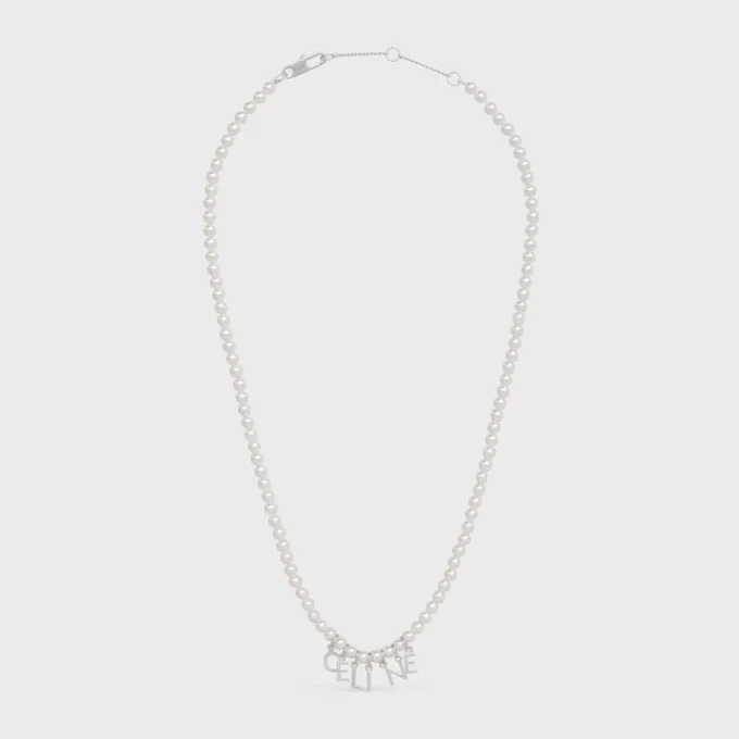 CELINE Monochroms ketting van glazen parels en messing met rhodiumafwerking