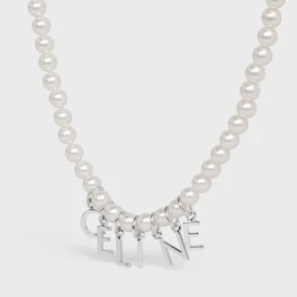 CELINE Monochroms ketting van glazen parels en messing met rhodiumafwerking