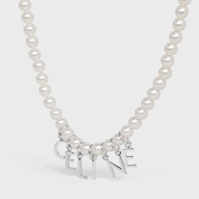 CELINE Monochroms ketting van glazen parels en messing met rhodiumafwerking