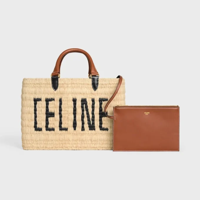 CELINE Paris Panier  in raffia en kalfsleer