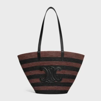 Couffin CELINE Classic Panier van gestreept raffia en kalfsleer