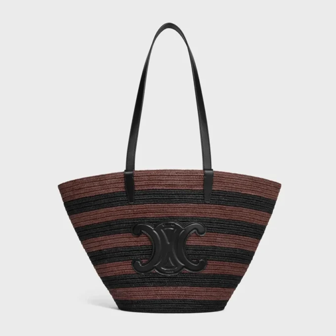 Couffin CELINE Classic Panier van gestreept raffia en kalfsleer