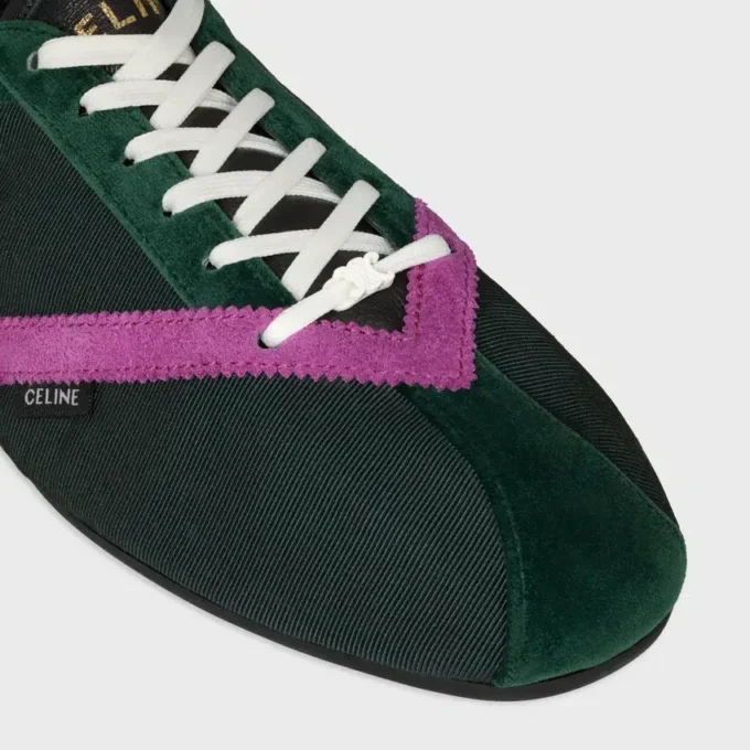 De platte sneaker in grosgrain, fluweel, suède kalfsleer en lamsleer