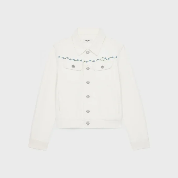 Geborduurd truckerjack van wit denim met raw wash
