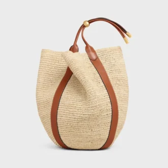Grote Drop Bucket-tas van raffia en kalfsleer