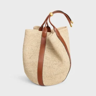 Grote Drop Bucket-tas van raffia en kalfsleer