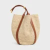 Grote Drop Bucket-tas van raffia en kalfsleer
