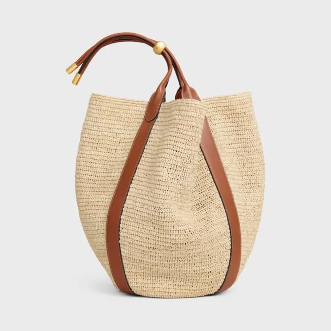 Grote Drop Bucket-tas van raffia en kalfsleer