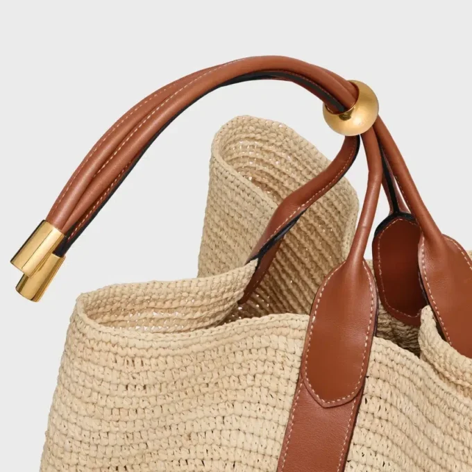 Grote Drop Bucket-tas van raffia en kalfsleer