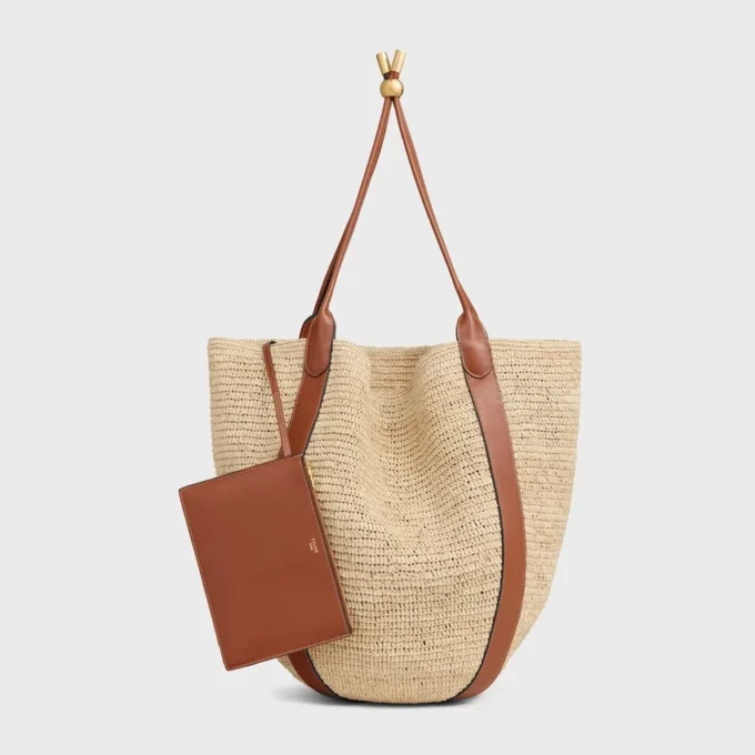 Grote Drop Bucket-tas van raffia en kalfsleer