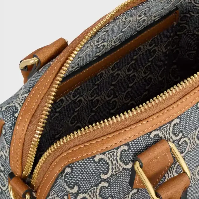 Kleine Boston-tas in Triomphe-jacquard en kalfsleer