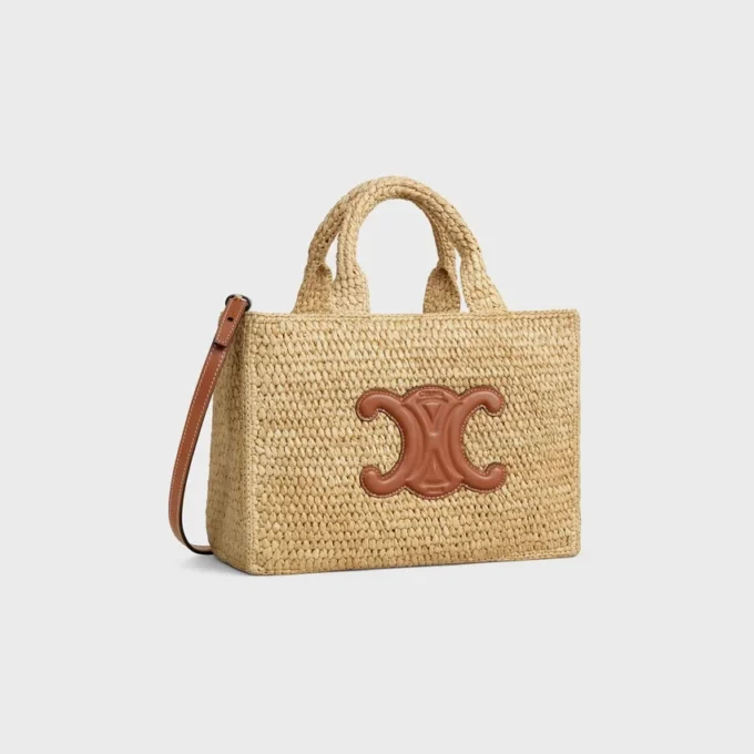Kleine Cabas Thais van raffia en kalfsleer