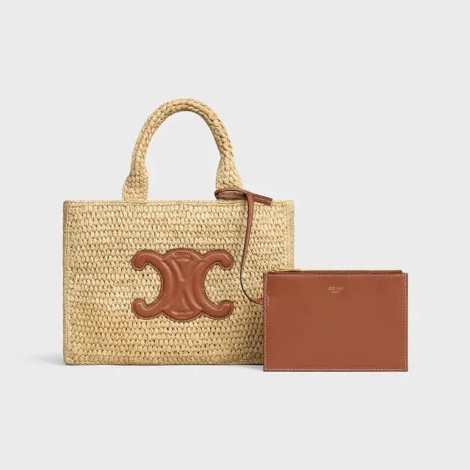 Kleine Cabas Thais van raffia en kalfsleer
