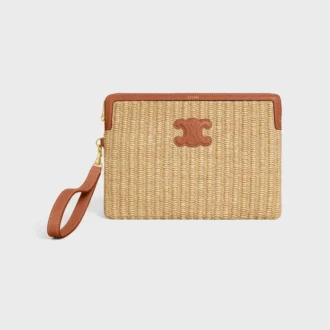 Kleine etui met riem van textiel met raffia-effect en kalfsleer