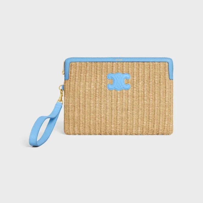 Kleine etui met riem van textiel met raffia-effect en kalfsleer
