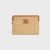 Kleine etui met riem van textiel met raffia-effect en kalfsleer