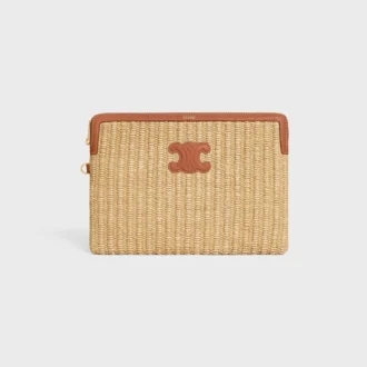 Kleine etui met riem van textiel met raffia-effect en kalfsleer