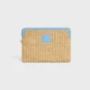 Kleine etui met riem van textiel met raffia-effect en kalfsleer