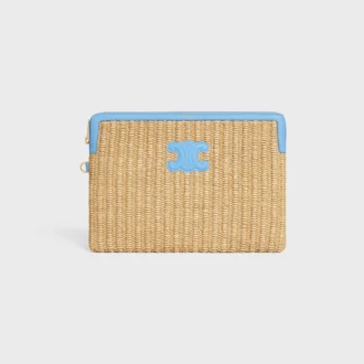 Kleine etui met riem van textiel met raffia-effect en kalfsleer