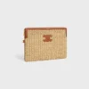 Kleine etui met riem van textiel met raffia-effect en kalfsleer