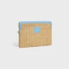 Kleine etui met riem van textiel met raffia-effect en kalfsleer