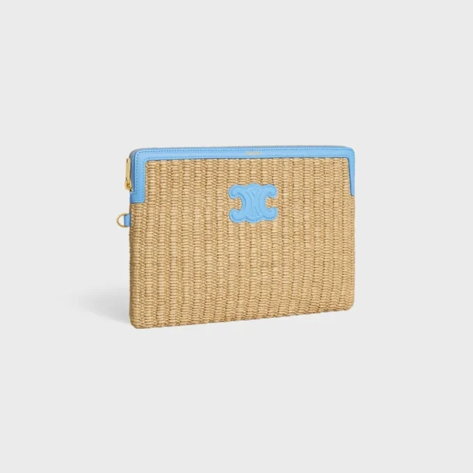 Kleine etui met riem van textiel met raffia-effect en kalfsleer