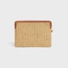 Kleine etui met riem van textiel met raffia-effect en kalfsleer