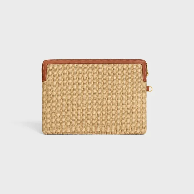 Kleine etui met riem van textiel met raffia-effect en kalfsleer