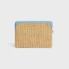 Kleine etui met riem van textiel met raffia-effect en kalfsleer