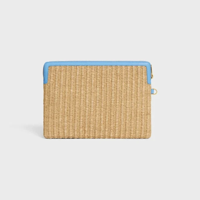 Kleine etui met riem van textiel met raffia-effect en kalfsleer
