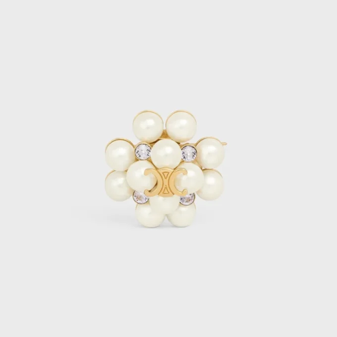 Les Perles CELINE-broche van strass, harsparels, messing met gouden afwerking en staal