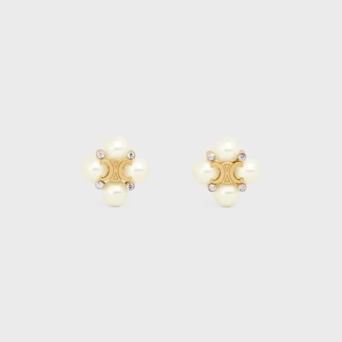Les Perles CELINE oorknopjes van strass, harsparels en messing met gouden afwerking