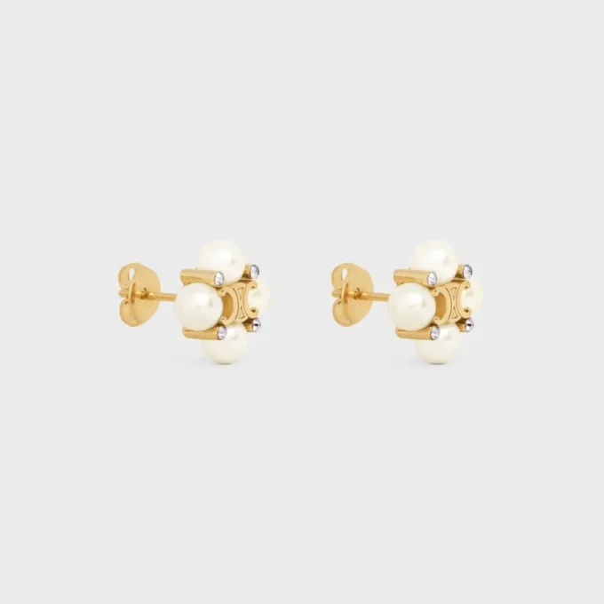 Les Perles CELINE oorknopjes van strass, harsparels en messing met gouden afwerking