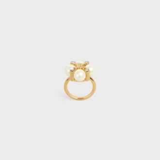 Les Perles CELINE-ring met strass, harsparels en messing met gouden afwerking