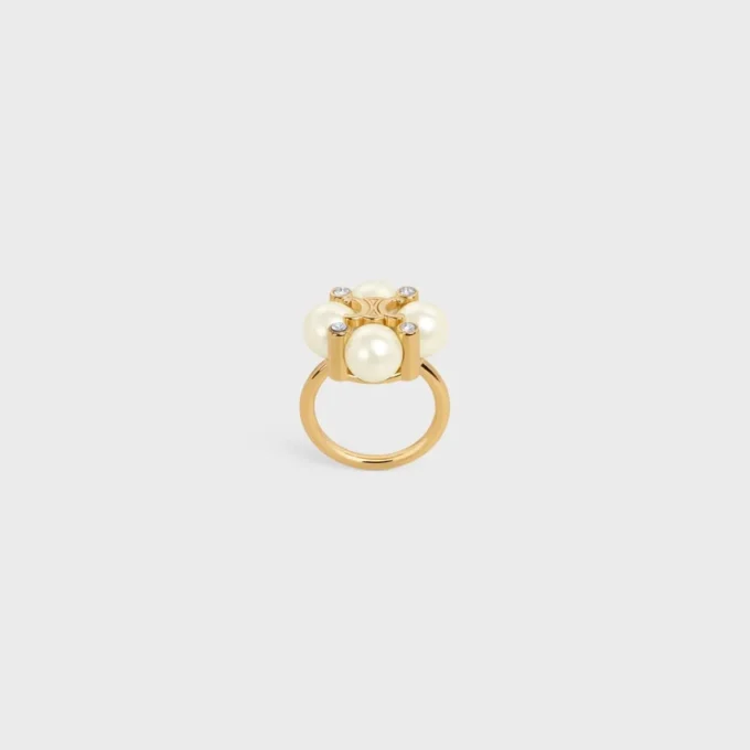 Les Perles CELINE-ring met strass, harsparels en messing met gouden afwerking