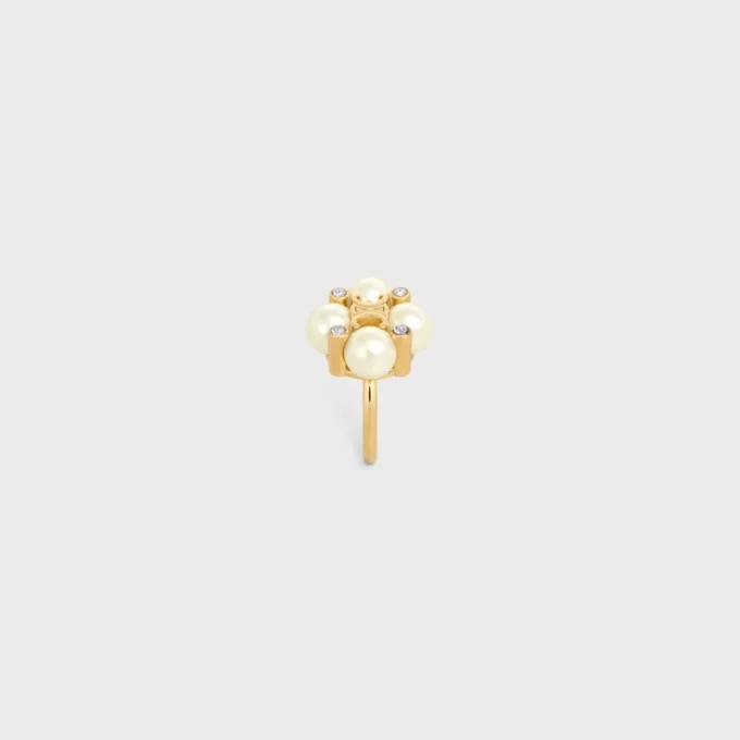 Les Perles CELINE-ring met strass, harsparels en messing met gouden afwerking