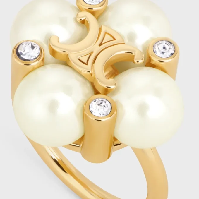 Les Perles CELINE-ring met strass, harsparels en messing met gouden afwerking