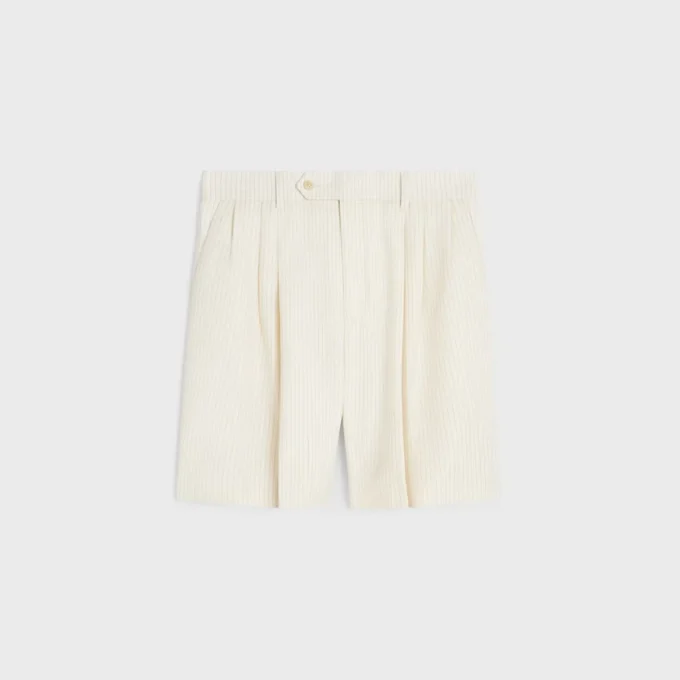 Masculin-short met drievoudige plooien van gestreepte wol