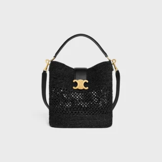 Medium Louise-bucket in raffia en kalfsleer