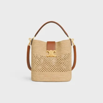 Medium Louise-bucket in raffia en kalfsleer