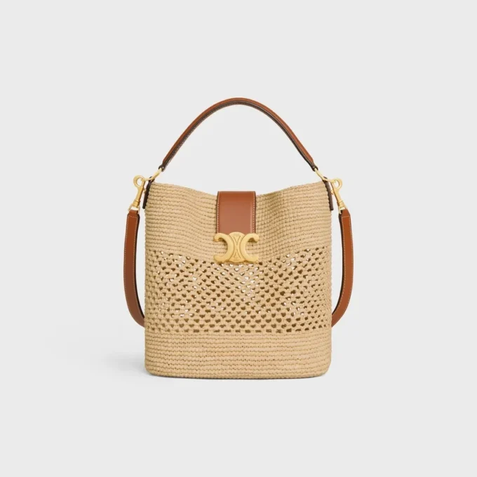 Medium Louise-bucket in raffia en kalfsleer