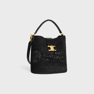 Medium Louise-bucket in raffia en kalfsleer