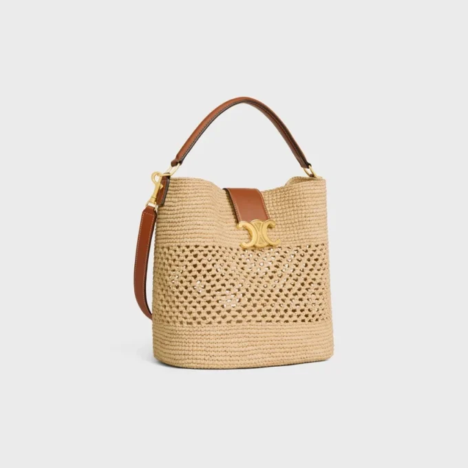 Medium Louise-bucket in raffia en kalfsleer