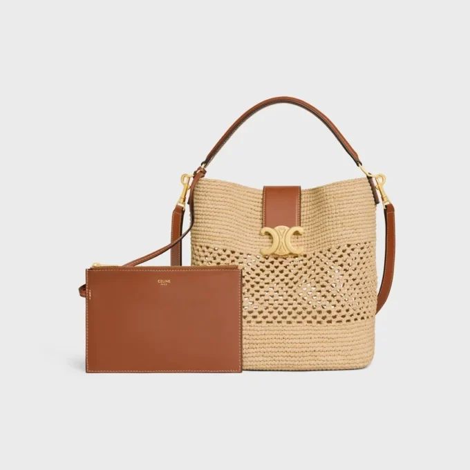 Medium Louise-bucket in raffia en kalfsleer