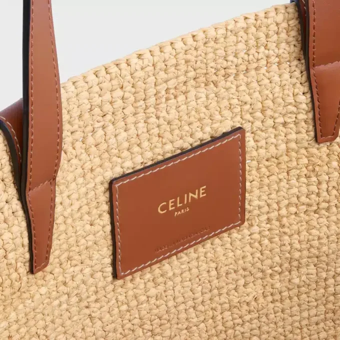 Medium soepele CELINE Classic Panier van raffia en kalfsleer